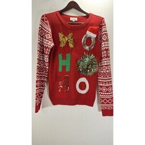 LAVENDER MOON Sequin Knit Christmas Sweater Sz Med. HO HO HO Bow Holiday Gifts